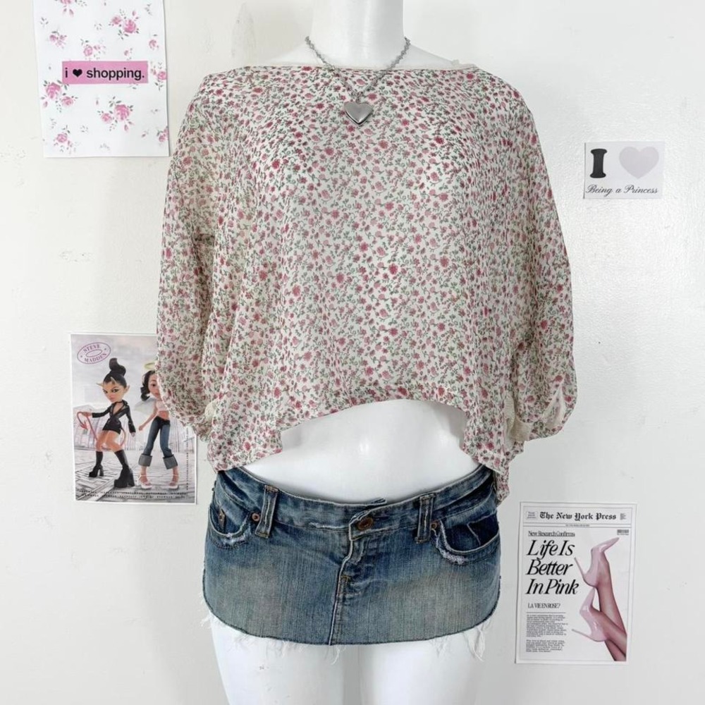 Sheer Floral Dolman Crop Blouse (S/M)
